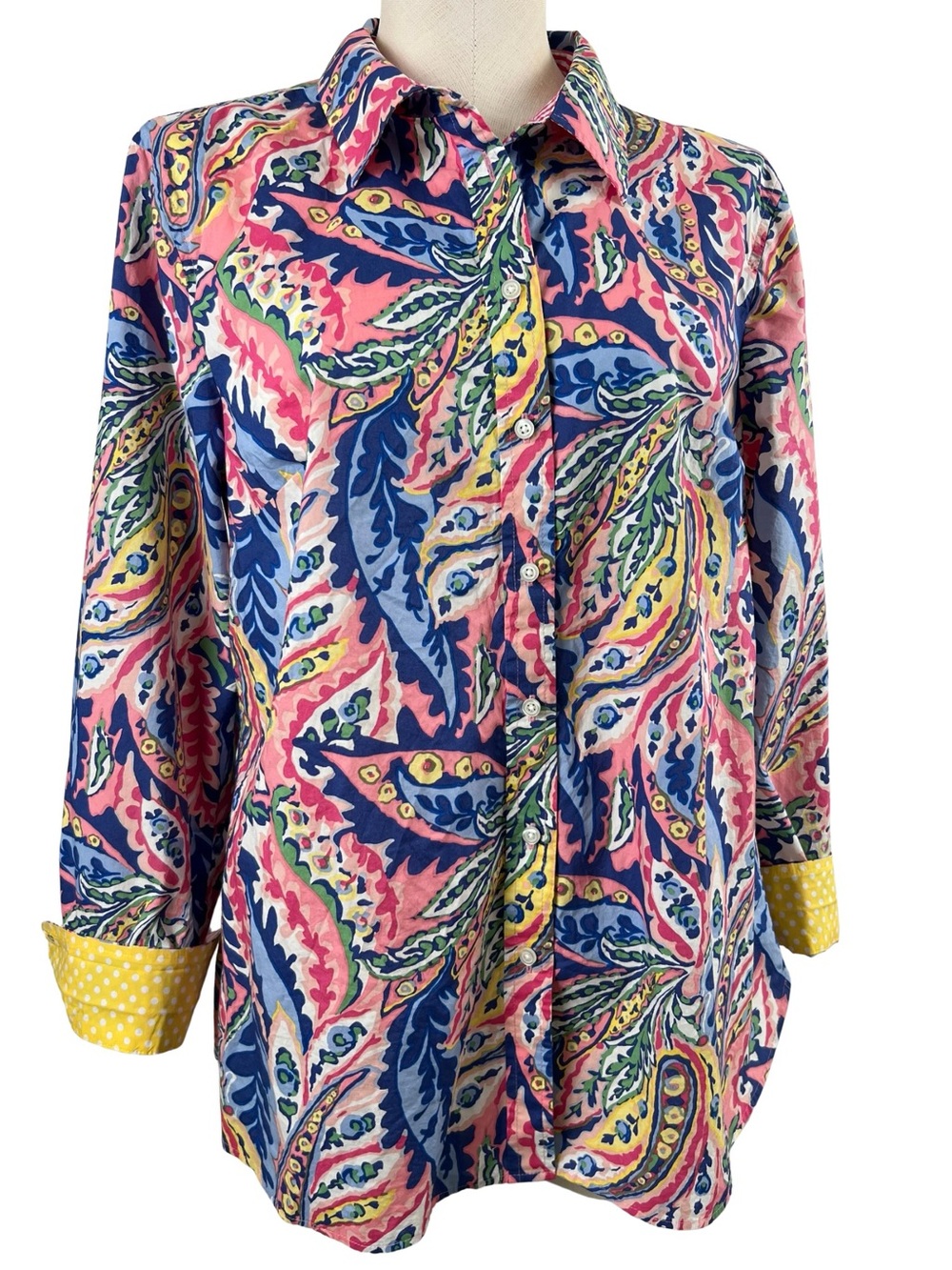 Talbots Paisley Print Button Front Shirt Large 100% Cotton Polka Dot Cuffs